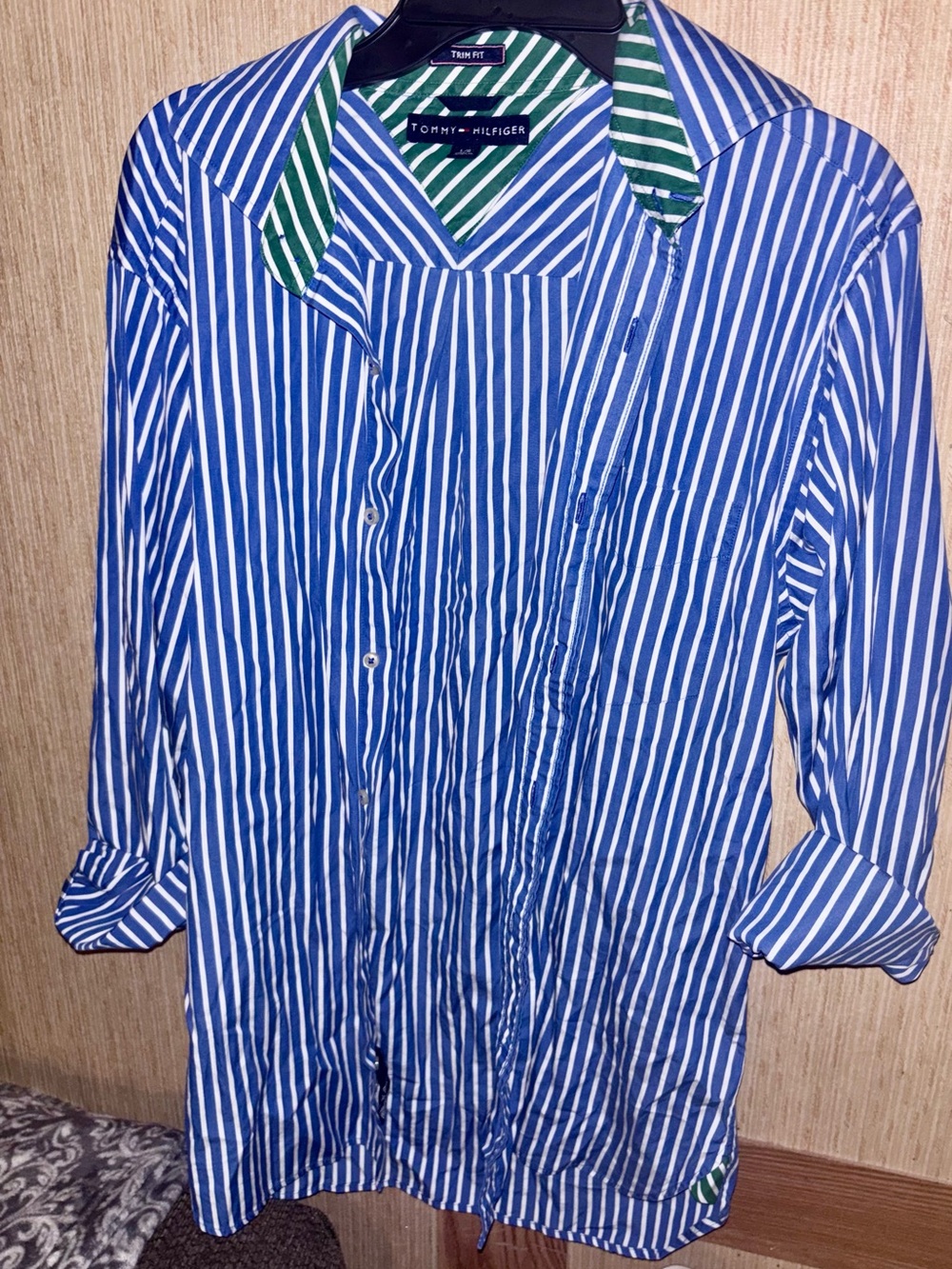 Tommy Hilfiger Blue and White Striped Dress Shirt with Green-Striped Collar